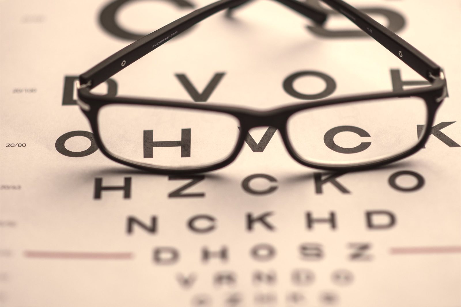 Eyeglasses resting on a classic eye chart